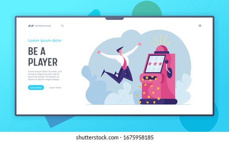 Financial Freedom Landing Page Template. Happy Man Screaming Super Excited Get Jackpot. Ecstatic Character Celebrate Success Under Money Rain Falling from Slot Machine. Cartoon Vector Illustration