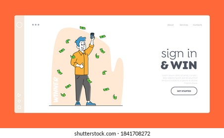 Financial Freedom Landing Page Template. Lottery Winner Male Character Stand under Falling Money Rain with Lucky Tickets in Hand. Happy Man Get Jackpot or Bingo in Raffle. Linear Vector Illustration