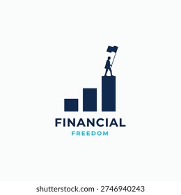 Financial freedom logo design concept. Silhouette of a man holding flag on top of investment chart symbol logo