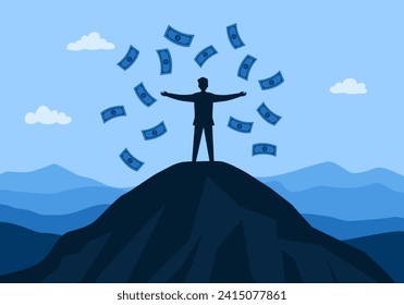 Libertad financiera - hombre haciendo una libertad con bello paisaje y vista de montaña, dinero lloviendo del cielo. Renta pasiva, rico, concepto de éxito.