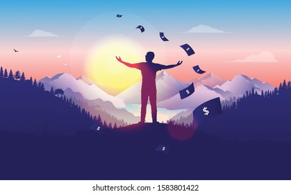 Financial freedom -  man doing a freedom pose at sunset, with beautiful landscape, forest and mountain view, money raining from the sky. Passive income, rich, success concept in vector illustration.