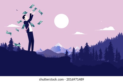 Financial freedom - Man throwing money in air outdoors in open landscape. Economic independence and free concept, vector illustration with copy space
