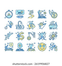 financial freedom money business doodle icons set vector. man free success, happy rich, finance debt, businessman people wealth person relax financial freedom money business sketch hand drawn