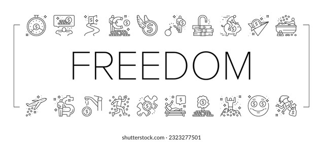 financial freedom money business icons set vector. man free success, happy rich, finance debt, businessman people wealth person relax financial freedom money business black contour illustrations