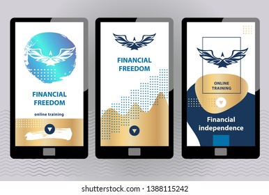 Financial freedom online education app logo concept illustration. Three touching screen smartphone for Template App Development Landing Front page mobile website. Easy customize and edit. Vector.