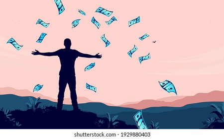 Financial freedom person -  Silhouette of person doing a freedom pose in beautiful landscape and money raining from the sky. Passive income, rich and success concept. Vector illustration.