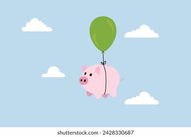 Libertad financiera, hucha rosa flotando en un cielo minimalista, lista para navegar hacia la libertad.