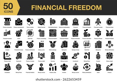 Financial Freedom solid icon set. Includes finance, money, freedom, investment, financial, and More. Solid icons vector collection.