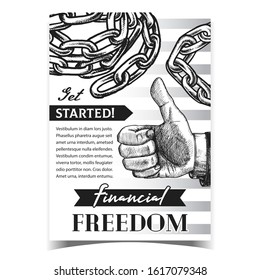 Financial Freedom Thumb Up Gesture Banner Vector. Swirled Steel Chain Security Accessory And Man Hand Gesture. Linked Metal Rings Elements Concept Monochrome Illustration