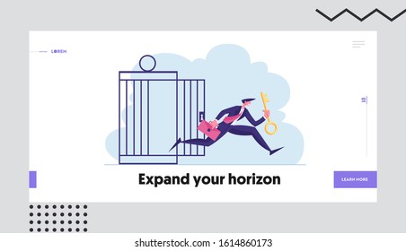 Financial Freedom Website Landing Page. Businessman with Golden Key Get Out of Metal Cage Escape Limitations, Creative Solution for Finance Success Web Page Banner. Cartoon Flat Vector Illustration