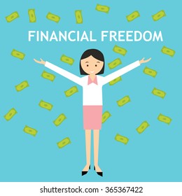 financial freedom woman standing money rain falling