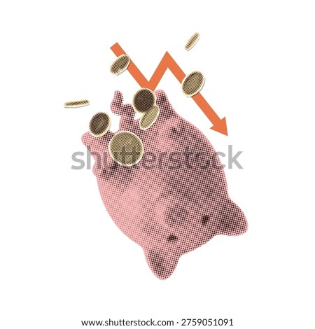 Financial freefall and plunging savings concept. Upside down falling piggy bank with red downward arrow and coins. Retro pop art halftone collage vector illustration for economic crisis metaphor