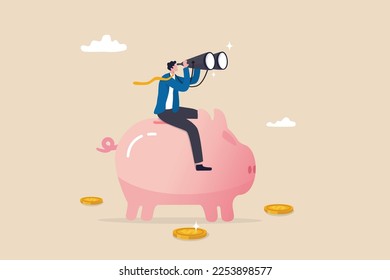 Financial future, discover investment opportunity, mutual fund or stock market pension fund, wealth management or savings concept, businessman riding piggybank look through binoculars to see future.