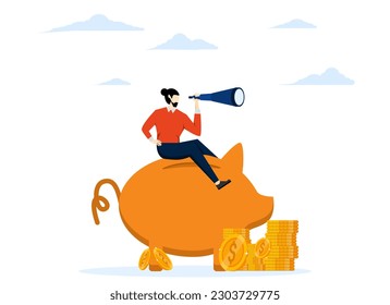 Financial future, wealth management or savings concept, stock market mutual fund or pension fund, find investment opportunity, businessman riding piggy bank looking through binoculars to see future.