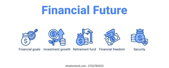 Concepto de Ilustración vectorial de ícono de Anuncio de Web del futuro financiero para con ícono de objetivos financieros, crecimiento de la inversión, fondo de jubilación.