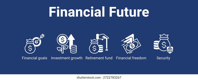 Financial Future web banner ícone vetor ilustração conceito para com ícone de Objetivos financeiros, Crescimento do investimento, Fundo de aposentadoria.