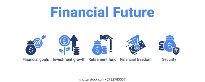 Financial Future web banner ícone vetor ilustração conceito para com ícone de Objetivos financeiros, Crescimento do investimento, Fundo de aposentadoria.