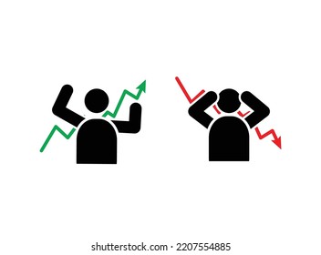 Financial Gain And Financial Loss Character Icon Vector Symbol. Up And Down Finance Business Arrow. Man Losing Money And Man Winning Money Vector.