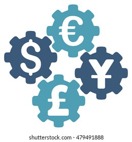 Financial Gears icon. Vector style is bicolor flat iconic symbol, cyan and blue colors, white background.