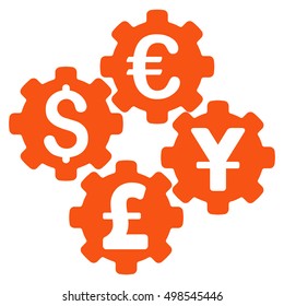 Financial Gears icon. Vector style is flat iconic symbol, orange color, white background.