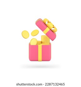Financial gift box open present surprise full of golden cash coin money stack 3d icon realistic vector illustration. Lottery win banking prize package holiday celebration cashback finance return award