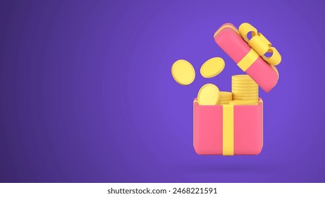 Caja de regalo financiera abierta regalo sorpresa llena de oro dinero en efectivo pila de dinero icono 3d Ilustración vectorial realista. Lotería gana paquete de premios bancarios celebración de vacaciones premio de devolución de dinero premio