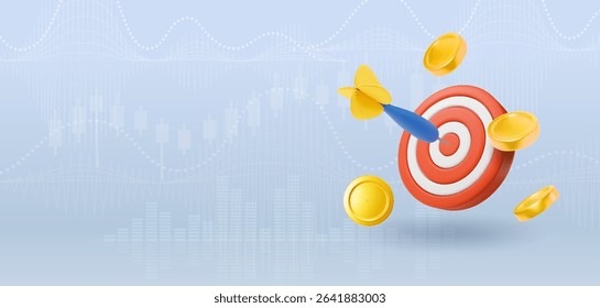 Financial goal, business target. Darts 3d icon with gold coins flying. Achieve goal concept art. Achieve targets, success. Vector illustration concept