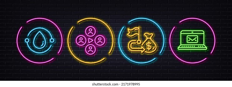 Financial goal, Cold-pressed oil and Video conference minimal line icons. Neon laser 3d lights. E-mail icons. For web, application, printing. Money budget, Organic tested, Online business. Vector
