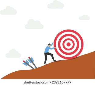 Financial goal concept, investment target, goal setting for retirement plan success, smart businessman investor or adviser shooting archer arrow hitting bull's eye target to save pink piggy bank.

