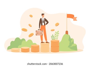 Financial goal concept. Man with briefcase stands on mountain of coins. Making money, investing, businessman. Income or salary growth. Cartoon flat vector illustration isolated on white background