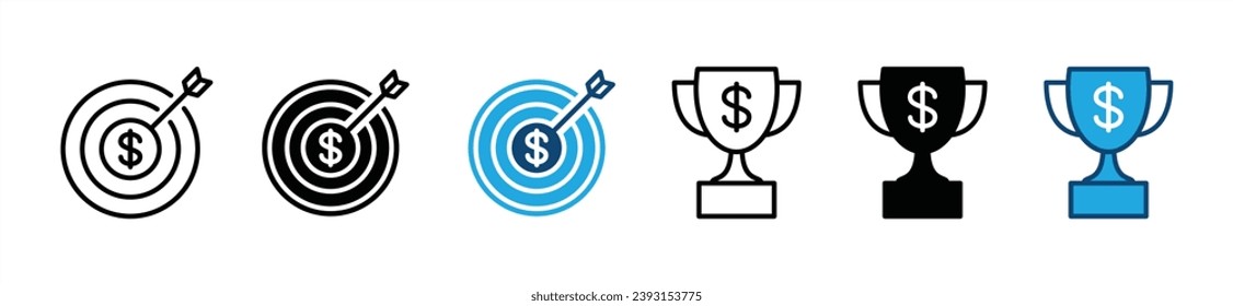 Financial goal icon set. Finance business, financial business targets goal. Targeting board and trophy with dollar sign symbol. Vector illustration 