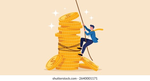 Financial goal, income, salary and career path, investor risk to make profit or savings to reach financial independence concept, businessman trying hard climbing rope to reach top of money coins stack