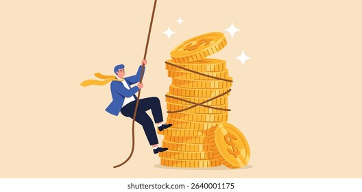 Financial goal, income, salary and career path, investor risk to make profit or savings to reach financial independence concept, businessman trying hard climbing rope to reach top of money coins stack