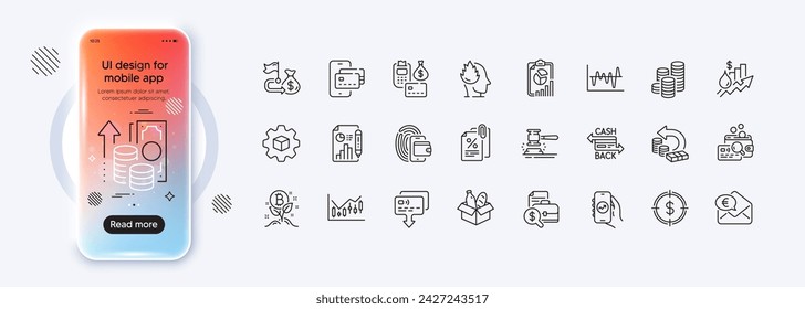 Financial goal, Inspect and Cash back line icons for web app. Phone mockup gradient screen. Pack of Report document, Tax documents, Report pictogram icons. Vector