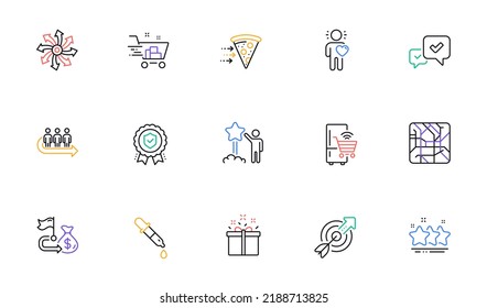 Financial goal, Queue and Insurance medal line icons for website, printing. Collection of Refrigerator, Food delivery, Star icons. Chemistry pipette, Target, Shopping cart web elements. Vector