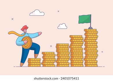 Financial goal. Start invest in stock market, begin savings to achieve, power of compound interest, collecting wealth, young adult office man carrying money coin start step on compound money stack.