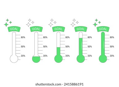 Financial goal thermometer set. Fundraising money trackers Indicators of progress for donation event. Vector illustration isolated on white background..