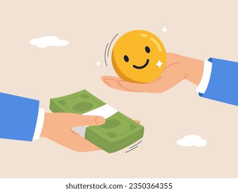 Objetivo financiero vs concepto de equilibrio de vida laboral. El dinero puede comprar la felicidad, la filosofía o el dilema del éxito en la vida, disfrutar la vida, la mano de los empresarios ofrecer dinero para comprar la cara de la sonrisa de felicidad.