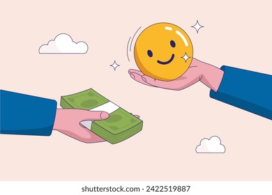 Financial goal vs work life balance concept. Money can buy happiness, philosophy or life success dilemma, enjoy life, businessman hand offer money to buy happiness smile face.