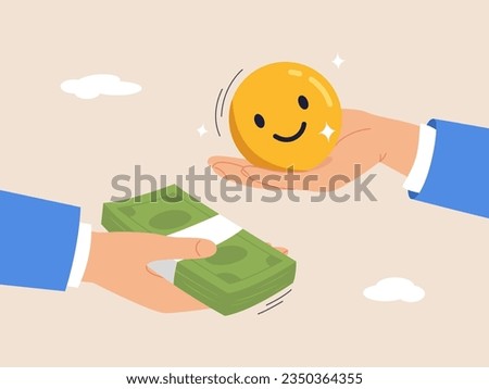 Financial goal vs work life balance concept. Money can buy happiness, philosophy or life success dilemma, enjoy life, businessman hand offer money to buy happiness smile face.