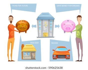 Financial goals conceptual composition with two male characters holding still banks with thought bubbles and desires vector illustration