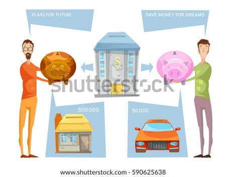 Financial goals conceptual composition with two male characters holding still banks with thought bubbles and desires vector illustration