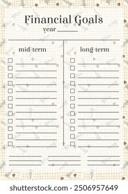 Financial goals floral spring paper sheet. Planner worksheet lovely template.