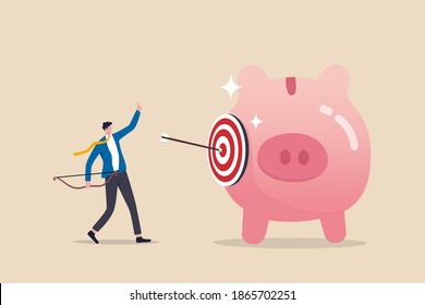 Financial Goals, Investment Target, Setting Objective For Retirement Plan Success Concept, Smart Businessman Investor Or Advisor Shoot Archer Arrow Hitting Bull's Eye Target On Saving Pink Piggy Bank.