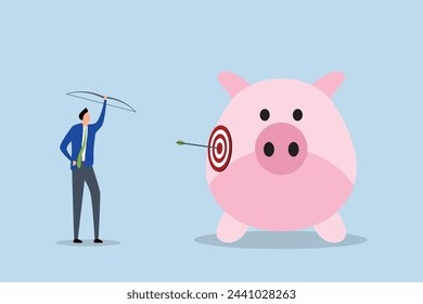 Financial goals, investor to shoot the bow and arrow at the bull's eye target to save the pink piggy bank.