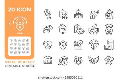 Financial goals pixel perfect linear icons set. Passive income, retirement. House renovation, vacation. Customizable thin line symbols. Isolated vector outline illustrations. Editable stroke