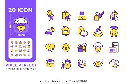 Financial goals pixel perfect RGB color icons set. Passive income, retirement. House renovation, vacation. Isolated vector illustrations. Simple filled line drawings collection. Editable stroke