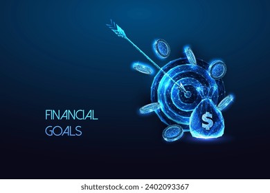 Objetivos financieros, estrategia de ahorro, presupuestación de concepto futurista con bolsa de dinero y objetivo en un brillante estilo poligonal bajo con fondo azul oscuro. Ilustración vectorial de diseño de conexión abstracta moderna.