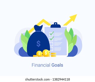 Financial goals and success concept. Money, financial plan and chart. Flat trendy style. Vector illustration.