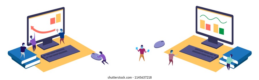 financial graph arrow up people working together workspace using magnifier teamwork process concept sketch doodle horizontal banner vector illustration